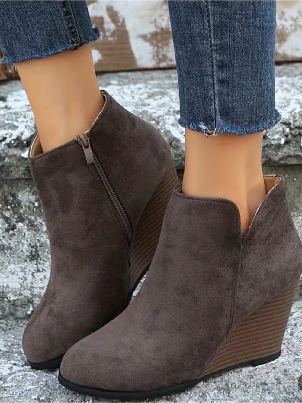 Women's Taupe Suede Wedge Ankle Booties with Side Zip